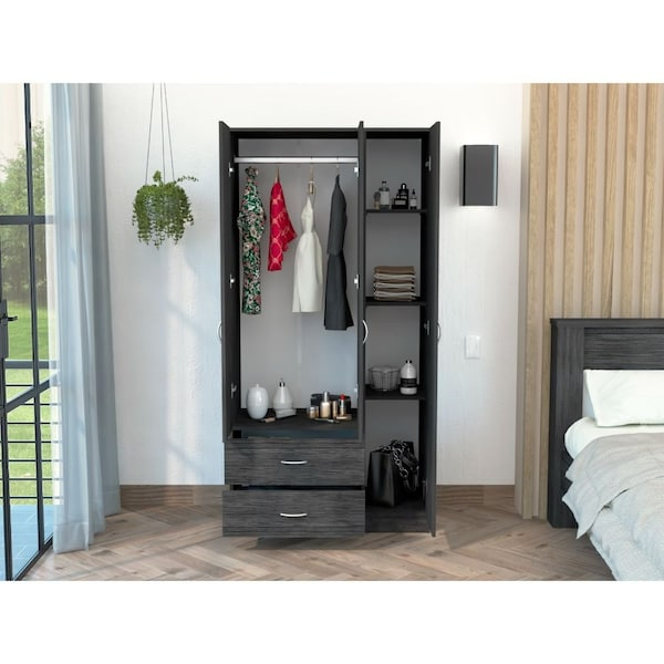 Tuhome Austral 3 Door Armoire with Drawers, Shelves, and Hanging Rod, Smokey Oak/White CIB6599 - main